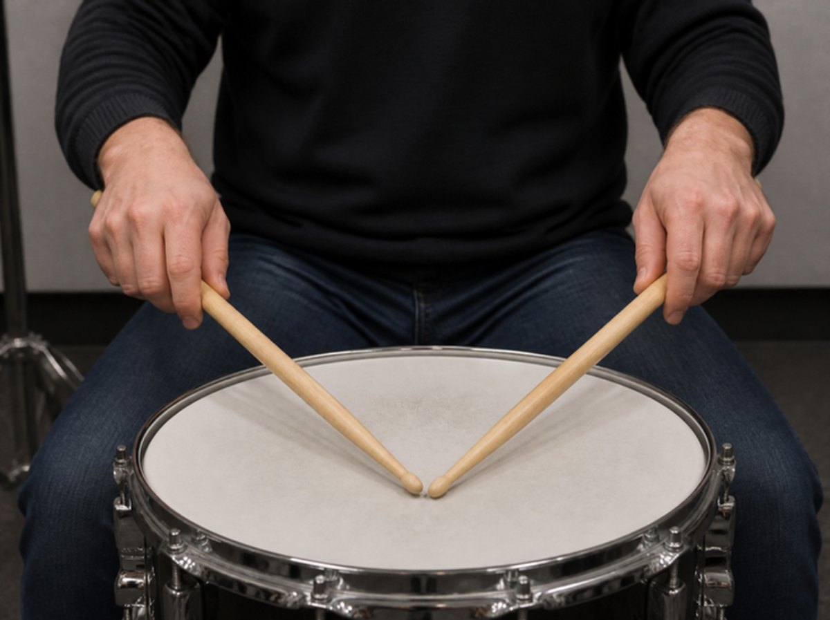 Matched grip on the drumsticks